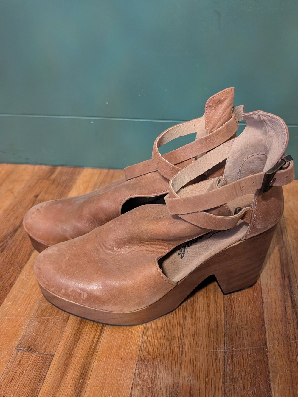 Free People Cedar Tan Leather Platform Clogs with Ankle Straps